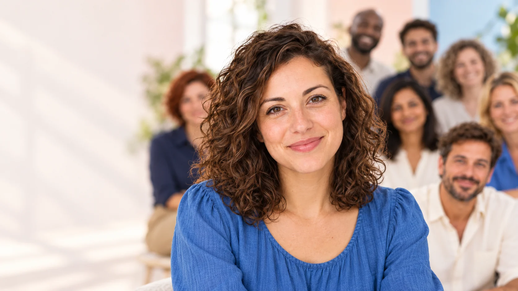 Emma smiling, with her colleagues softly in the background