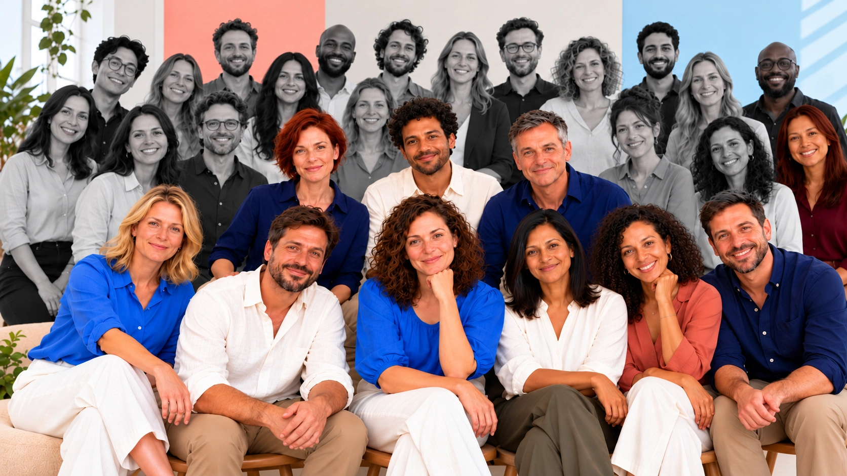 Emma and her colleagues in colour, with more consultants in grayscale behind them